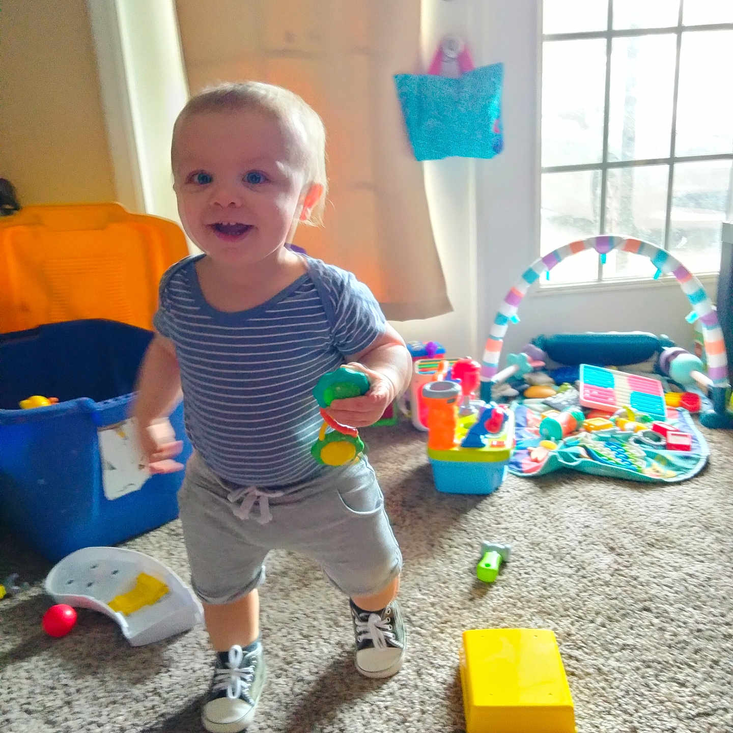 Jaxton is registered to the contest to win money with this photo: carpet, child, clothing, colorful, daylight, footwear, happy, home, indoor, person, play, playroom, shirt, shorts, smiling, sneakers, toddler, toy, window, young_child