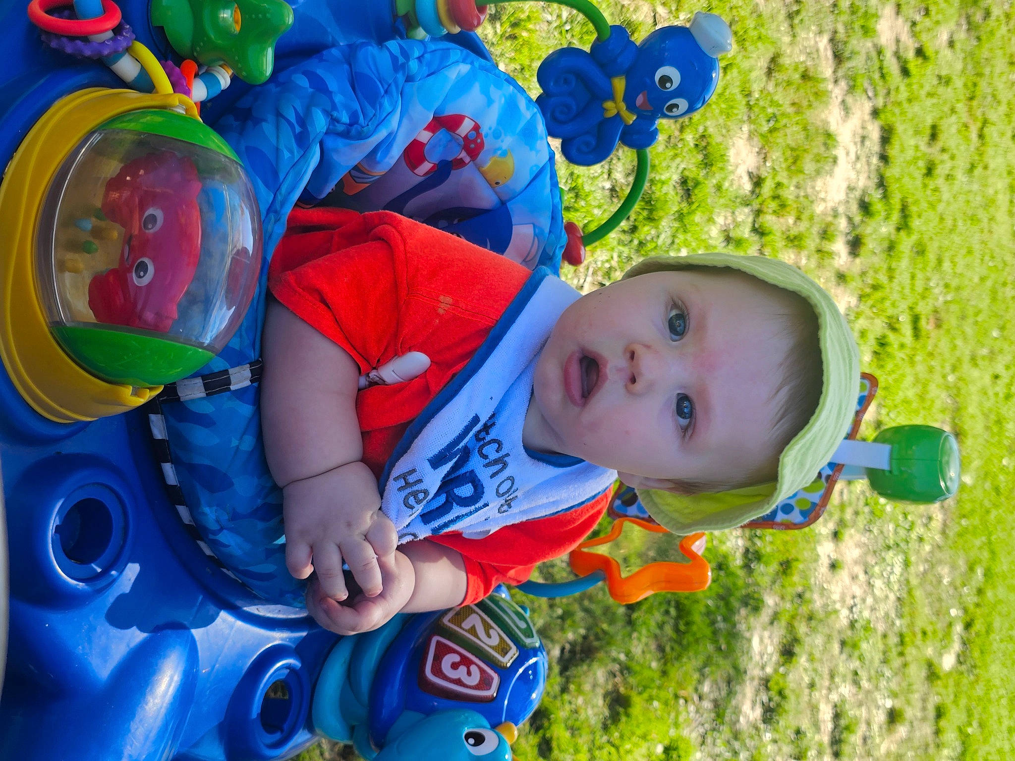 Gavin joined the competition — help win amazing prizes! azure, baby, baby_toddler_clothing, blue, child, electric_blue, eye, facial_expression, fun, grass, green, happy, leisure, people_in_nature, person, plant, play, product, recreation, toddler