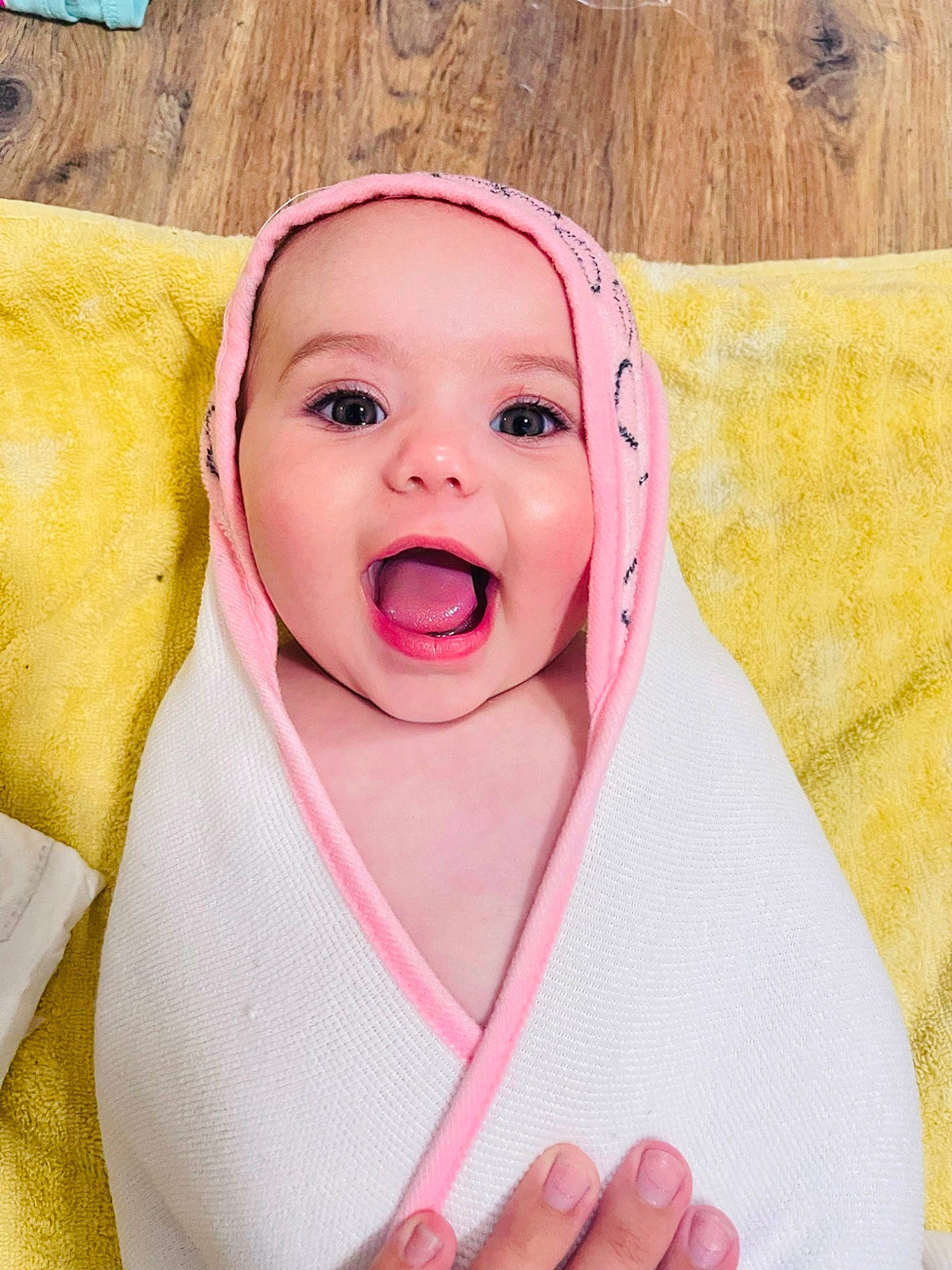 Addilyn is registered to the contest to win money with this photo: baby, baby_laughing, baby_toddler_clothing, cheek, child, chin, comfort, eyebrow, fashion_accessory, finger, fun, gesture, happy, headgear, peach, person, pink, skin, smile, thumb