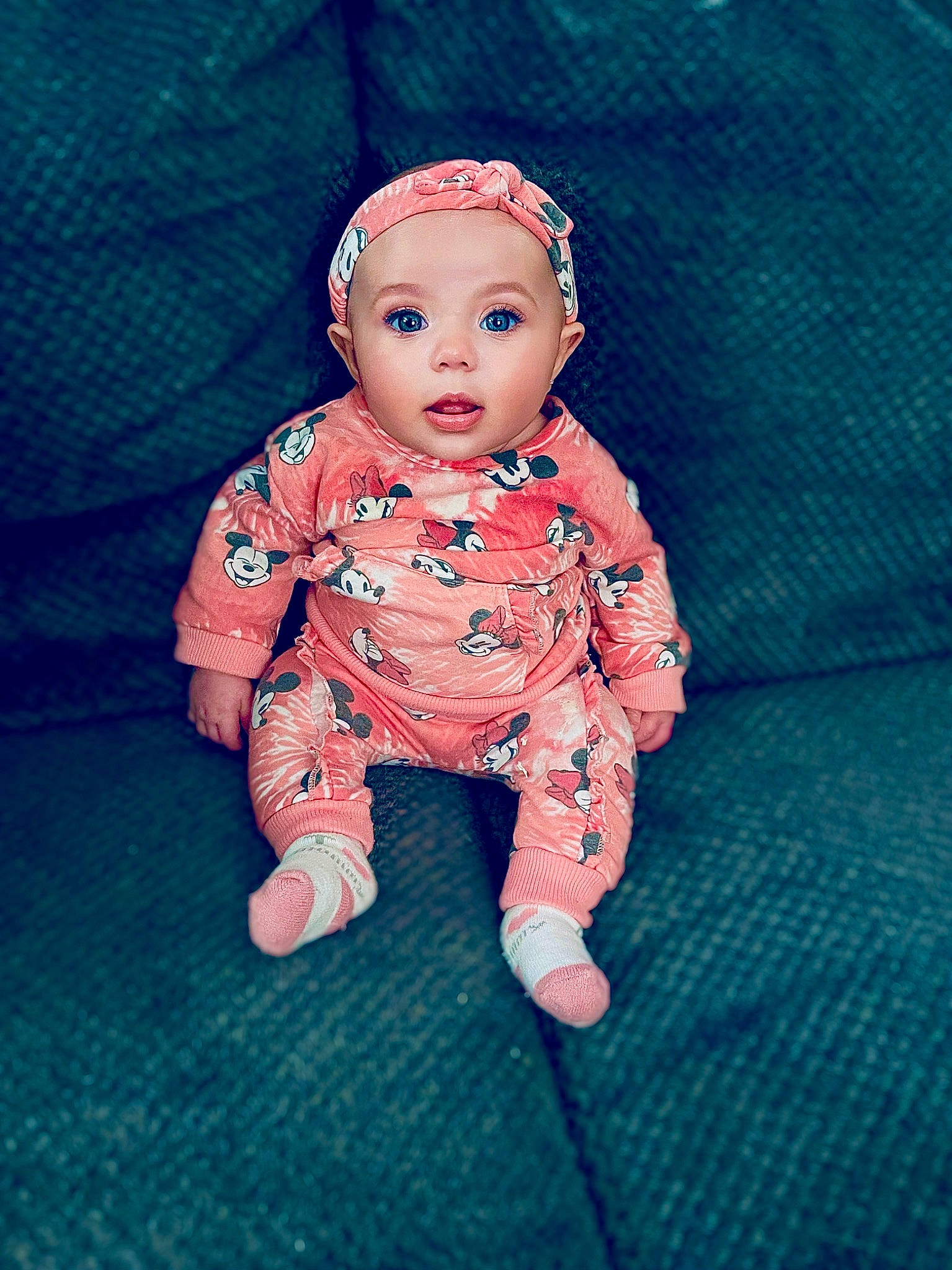 Addilyn joined the competition — help win amazing prizes! baby, baby_toddler_clothing, baby_toys, cheek, child, child_model, doll, electric_blue, eye, happy, head, headwear, linens, pattern, peach, person, portrait_photography, sitting, sleeve, toddler