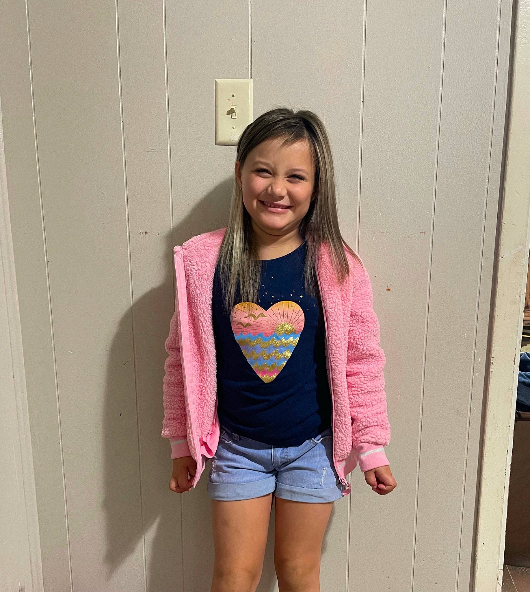 Mckinley joined the competition — help win amazing prizes! abdomen, arm, denim, happy, jean_short, joint, joy, knee, leg, long_hair, magenta, person, pink, shorts, sleeve, sleeveless_shirt, smile, street_fashion, t_shirt, thigh
