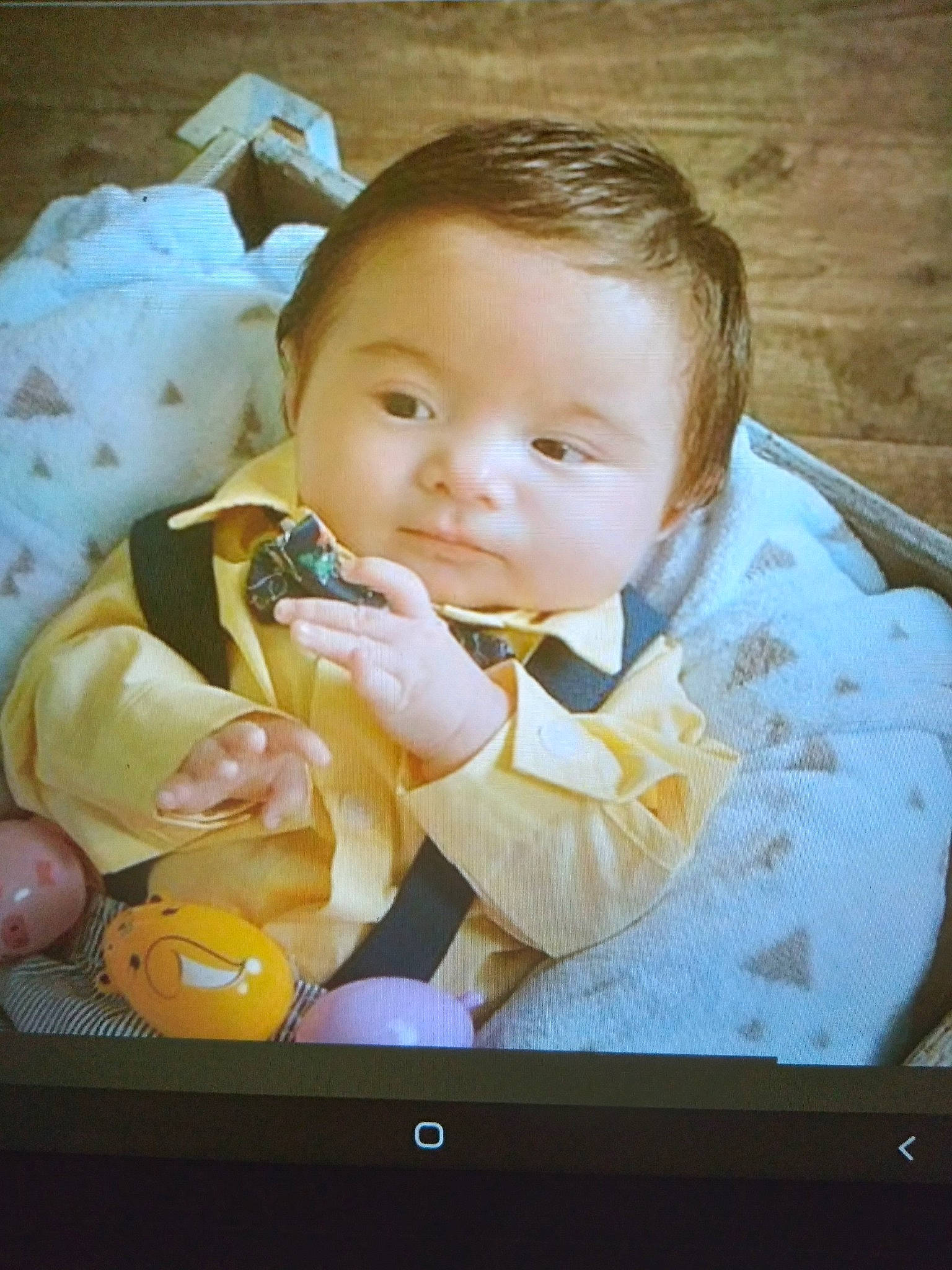 Troy joined the competition — help win amazing prizes! baby, baby_products, baby_toddler_clothing, cheek, child, comfort, communication_device, display_device, formal_wear, gadget, gesture, happy, person, portable_communications_device, portrait_photography, room, sitting, stuffed_toy, tablet_computer, toddler