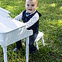 toddler, child, smiling, outdoor, grass, piano, white_piano, bench, formal_clothing, vest, tie, shoes, happy, cute, portrait, playing, person, baby, grass_field, sunlight