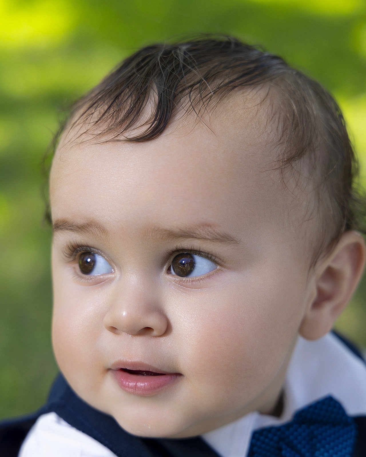 Moisés Iza Tamayo is registered to the contest to win money with this photo: baby, child, portrait, face, close_up, brown_eyes, curly_hair, skin, cute, looking_away, bow_tie, clothing, infant, young_child, person, outdoor, green_background, expression, headshot, innocent