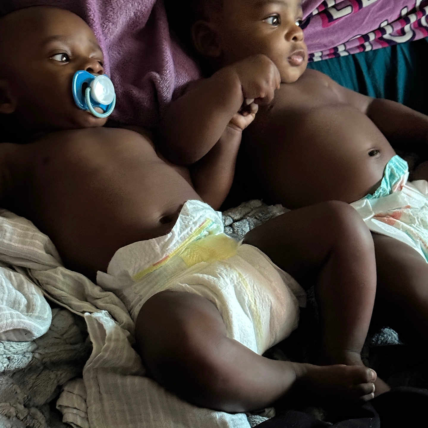 Jalen And David joined the competition — help win amazing prizes! baby, bed, blanket, child, cuddly, cute, diaper, family, indoors, infant, lying_down, pacifier, pillow, portrait, relaxing, skin, sleepwear, soft_texture, toddler, two_children