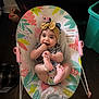 Rilah joined the competition — help win amazing prizes! baby, baby_chair, child, colorful, dark_hair, fingers, floor, happy, headband, indoor, infant, patterned_clothing, person, play, sitting, smiling, toes, toy, wooden_floor, yellow_bow