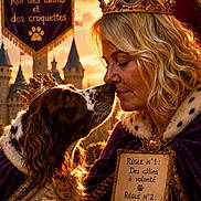 Whisky a rejoint le concours — aidez-le/la à gagner de superbes lots ! affection, bond, castle, cloak, close_up, costume, crown, decor, dog, food_bowl, golden_light, human, medallion, nose_touch, pet, portrait, royalty, sign, sunset, warm_light