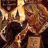 affection, bond, castle, cloak, close_up, costume, crown, decor, dog, food_bowl, golden_light, human, medallion, nose_touch, pet, portrait, royalty, sign, sunset, warm_light