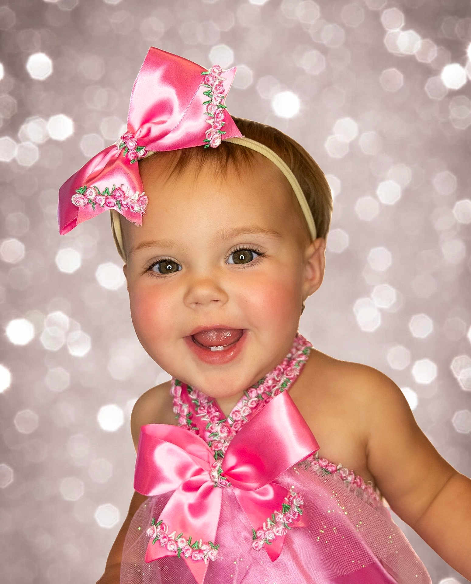Averie joined the competition — help win amazing prizes! toddler, child, smiling, pink_bow, headband, dress, sparkle, bokeh, portrait, happy, cute, baby, face, cheerful, fashion, celebration, studio_light, closeup, adorable, fun