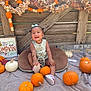 child, toddler, pumpkin, orange_pumpkin, white_pumpkin, cushion, plaid_garland, fall_decor, wooden_fence, blanket, smiling, outdoor, seasonal, autumn, cute, sitting, happy, baby_shoes, headband, holiday