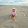 baby, child, beach, sand, ocean, sky, clouds, sunhat, swimsuit, sitting, smiling, outdoor, summer, vacation, cute, water, nature, horizon, happy, playful