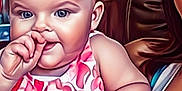 Ava Grace is registered to the contest to win money with this photo: baby, child, thumb_sucking, ponytail, dress, floral_pattern, indoor, person, blue_eyes, couch, woman, hair, skin, face, smile, shoulder, colorful, portrait, furniture, young