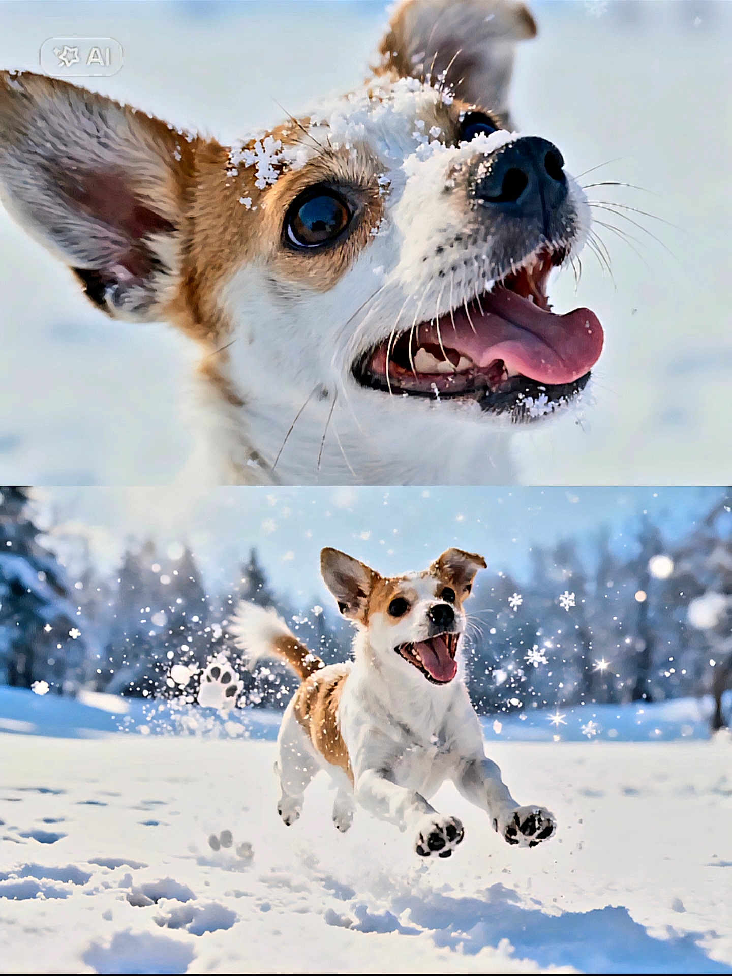 Chanel participe au concours pour gagner de l'argent avec cette photo : dog, snow, playful, happy, running, outdoor, winter, animal, pet, canine, jumping, snowflakes, nature, daylight, closeup, portrait, energetic, fur, tongue_out, landscape