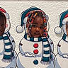 child, portrait, smiling, snowman, costume, winter, scarf, hat, beads, braids, colorful, festive, christmas, wall, artwork, pattern, close_up, face, indoors, playful