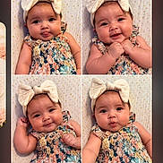 Laila joined the competition — help win amazing prizes! baby, infant, child, portrait, collage, four_photos, bow, headband, floral_dress, dress, smiling, pouting, happy, sitting, lying_down, close_up, indoor, phone_screen, gallery, photography