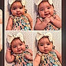 baby, infant, child, portrait, collage, four_photos, bow, headband, floral_dress, dress, smiling, pouting, happy, sitting, lying_down, close_up, indoor, phone_screen, gallery, photography