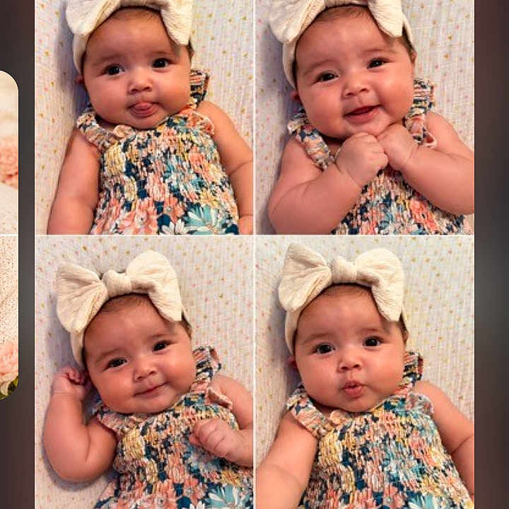 Laila joined the competition — help win amazing prizes! baby, infant, child, portrait, collage, four_photos, bow, headband, floral_dress, dress, smiling, pouting, happy, sitting, lying_down, close_up, indoor, phone_screen, gallery, photography