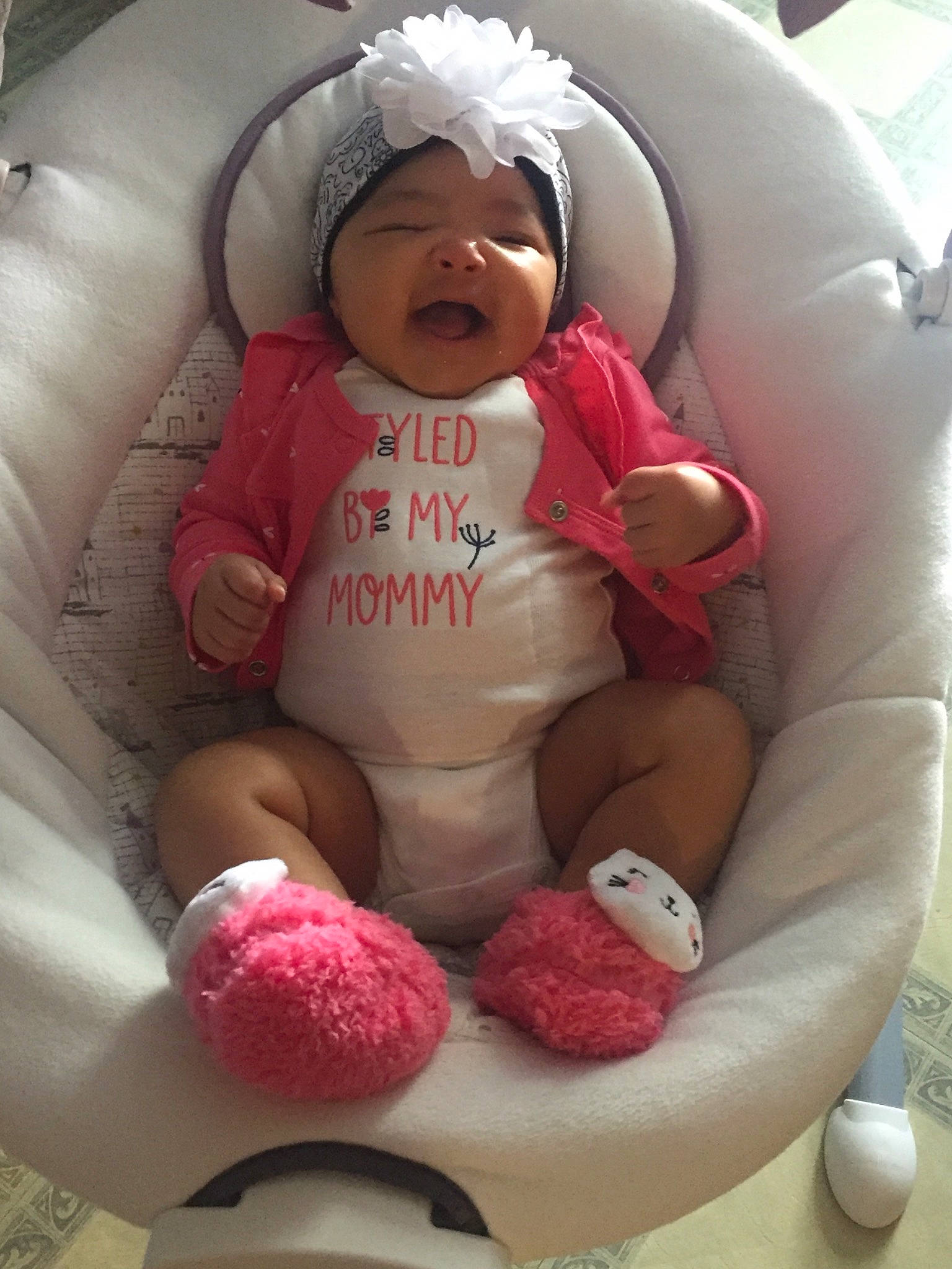 Aria is registered to the contest to win money with this photo: baby, baby_products, baby_sleeping, birth, child, headwear, person, pink, product, skin, toddler, toy