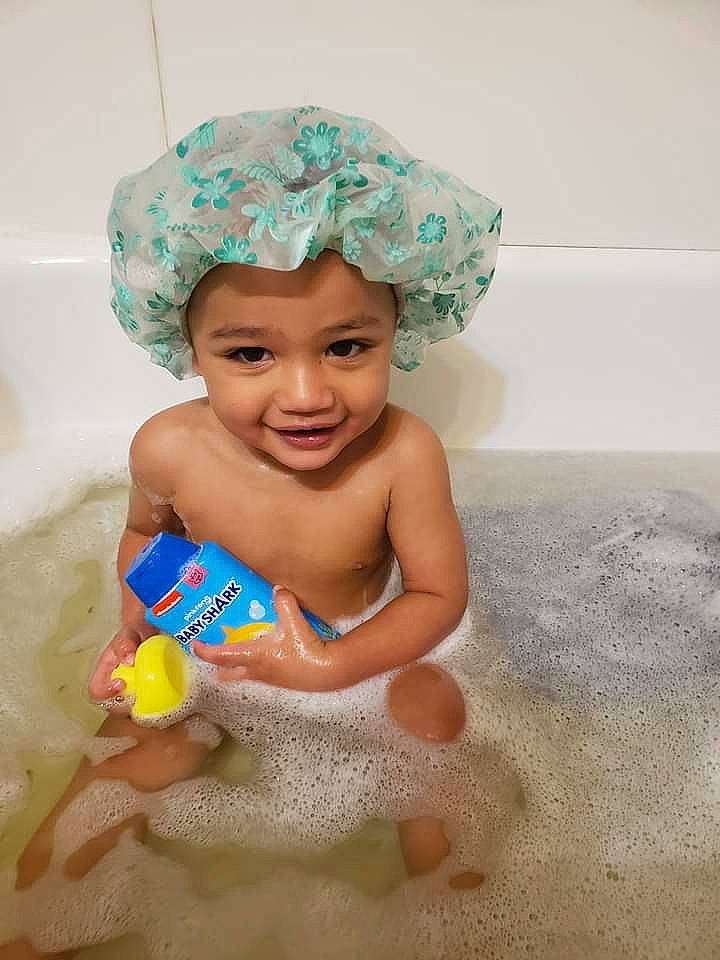 Lee joined the competition — help win amazing prizes! baby, baby_bathing, bathing, bathroom, bathtub, cap, child, eye, face, facial_expression, fluid, fun, happy, headwear, joy, leisure, person, plumbing, product, skin