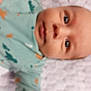 baby, infant, face, blur, closeup, child, clothing, green_outfit, pattern, lying_down, skin, head, eyes, mouth, newborn, person, indoors, soft_focus, young, human