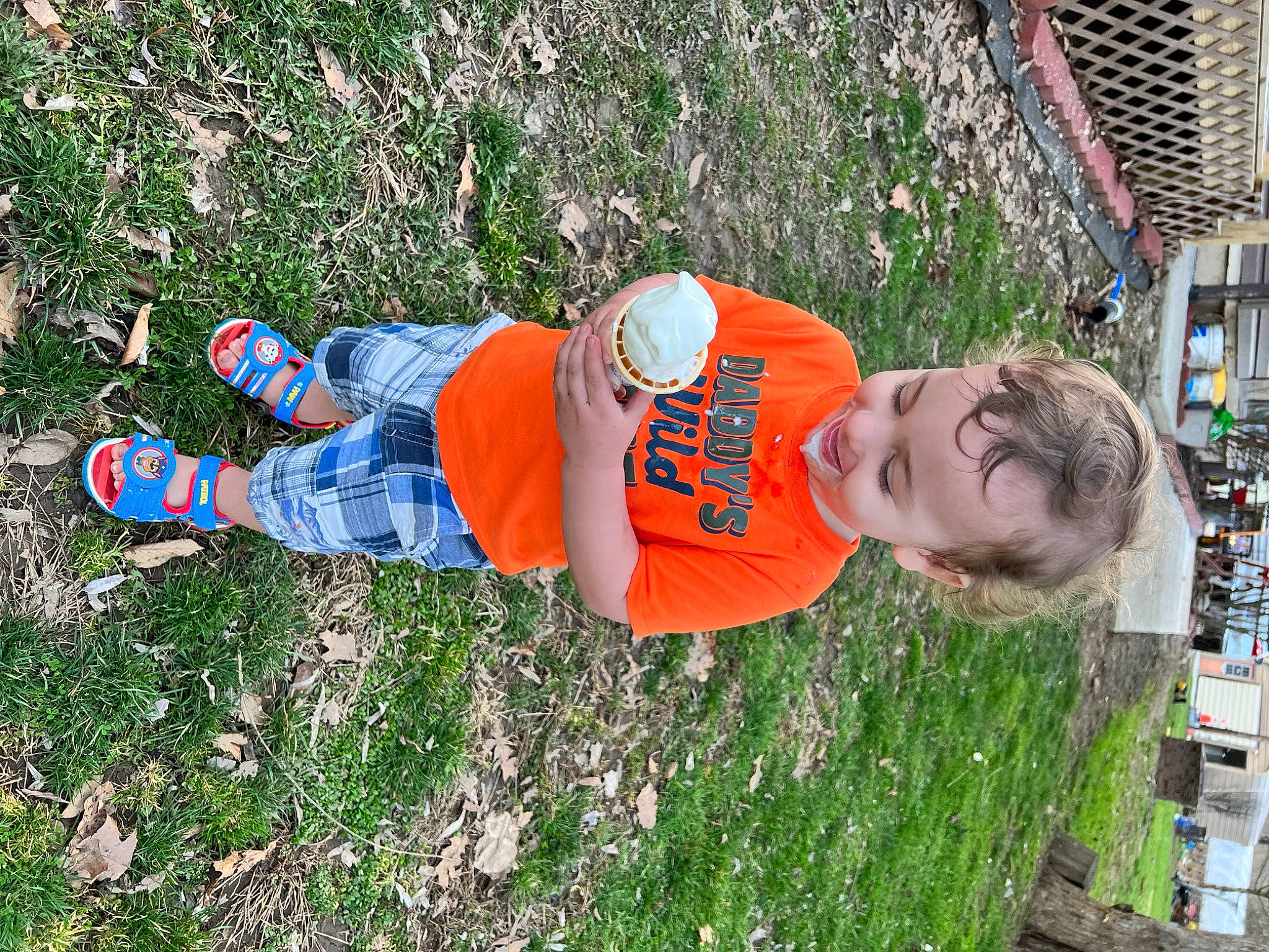 Colton is registered to the contest to win money with this photo: carmine, child, fun, grass, groundcover, happy, hat, human_leg, leisure, people_in_nature, person, plant, recreation, soil, t_shirt, toddler, tree, walking_shoe