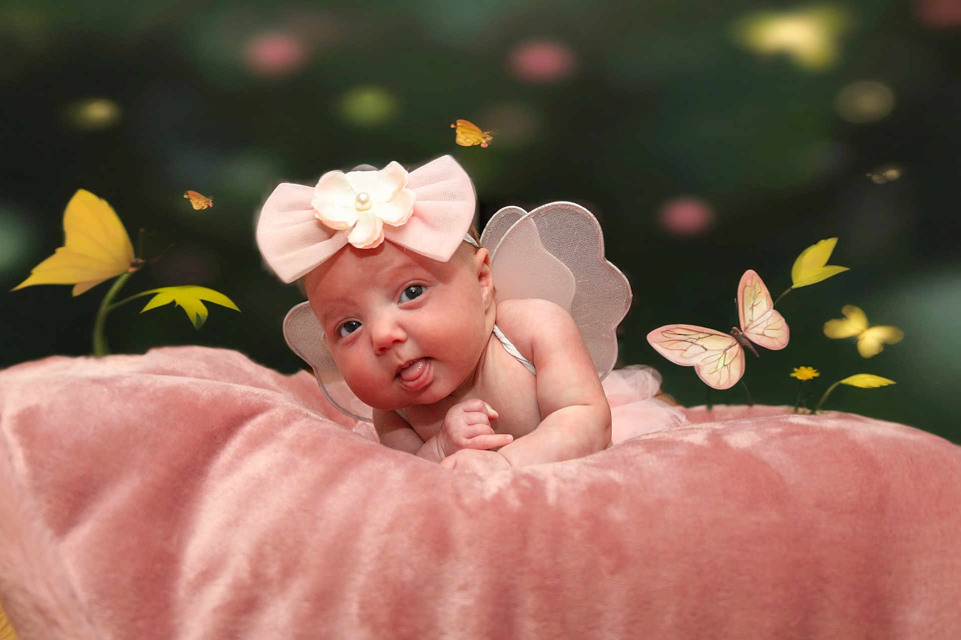 Isabella is registered to the contest to win money with this photo: baby, infant, fairy_wings, pink_bow, pink_cushion, butterflies, tongue_out, cute, portrait, soft_texture, flower, headband, child, costume, whimsical, outdoor, nature, blurred_background, happy, small
