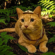 Simba joined the competition — help win amazing prizes! cat, orange_cat, pet, animal, feline, whiskers, eyes, ears, hat, harness, jungle, forest, foliage, ferns, greenery, outdoors, lying_down, portrait, cute, explorer