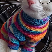 Volta a rejoint le concours — aidez-le/la à gagner de superbes lots ! animal, cat, closeup, colorful_clothing, cozy, cute, domestic_animal, fashion, feline, glasses, indoor, knitted, pet, portrait, sitting, striped_sweater, sweater, whiskers, white_cat, yellow_eyes