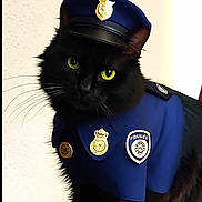 Turbo a rejoint le concours — aidez-le/la à gagner de superbes lots ! animal, animal_portrait, badge, black_cat, cat, closeup, costume, cute, domestic_cat, dress_up, feline, funny, green_eyes, hat, indoor, pet, pet_costume, police_uniform, portrait, whiskers