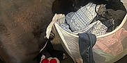 Loki is registered to the contest to win money with this photo: dog, black_dog, laundry_basket, clothes, carpet, indoor, plaid_pants, slippers, footwear, curious, pet, household, messy, fabric, texture, floor, legs, domestic, casual, cozy