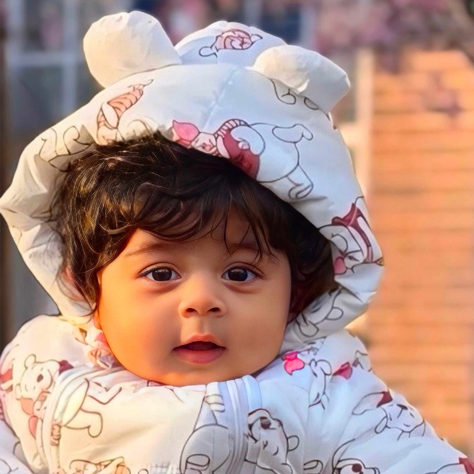 Nyra is registered to the contest to win money with this photo: baby, child, face, hood, jacket, cartoon_print, curly_hair, outdoor, portrait, closeup, warm_light, cute, expression, winter_clothing, young_child, person, clothing, smiling, innocent, soft