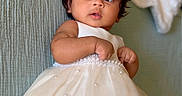 Nyra is registered to the contest to win money with this photo: apparel, baby, child, closeup, curious, cute, dress, expression, face, hair, hands, indoors, infant, lying_down, pearl, portrait, skin, soft_light, texture, white_dress