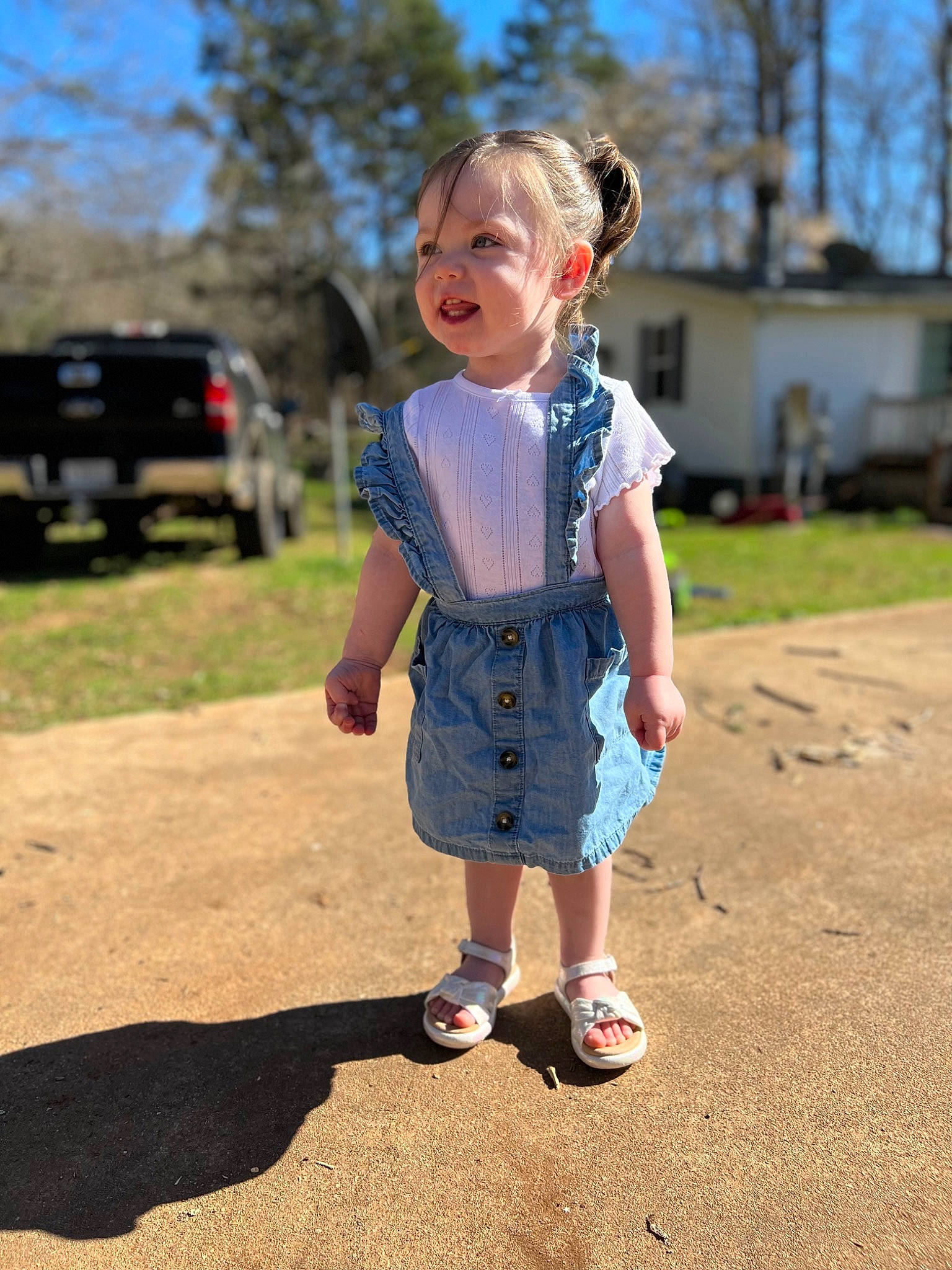 Brinley joined the competition — help win amazing prizes! asphalt, baby_toddler_clothing, blond, child, electric_blue, face, fun, grass, happy, landscape, leisure, people_in_nature, person, plant, recreation, sky, sleeve, summer, toddler, tree
