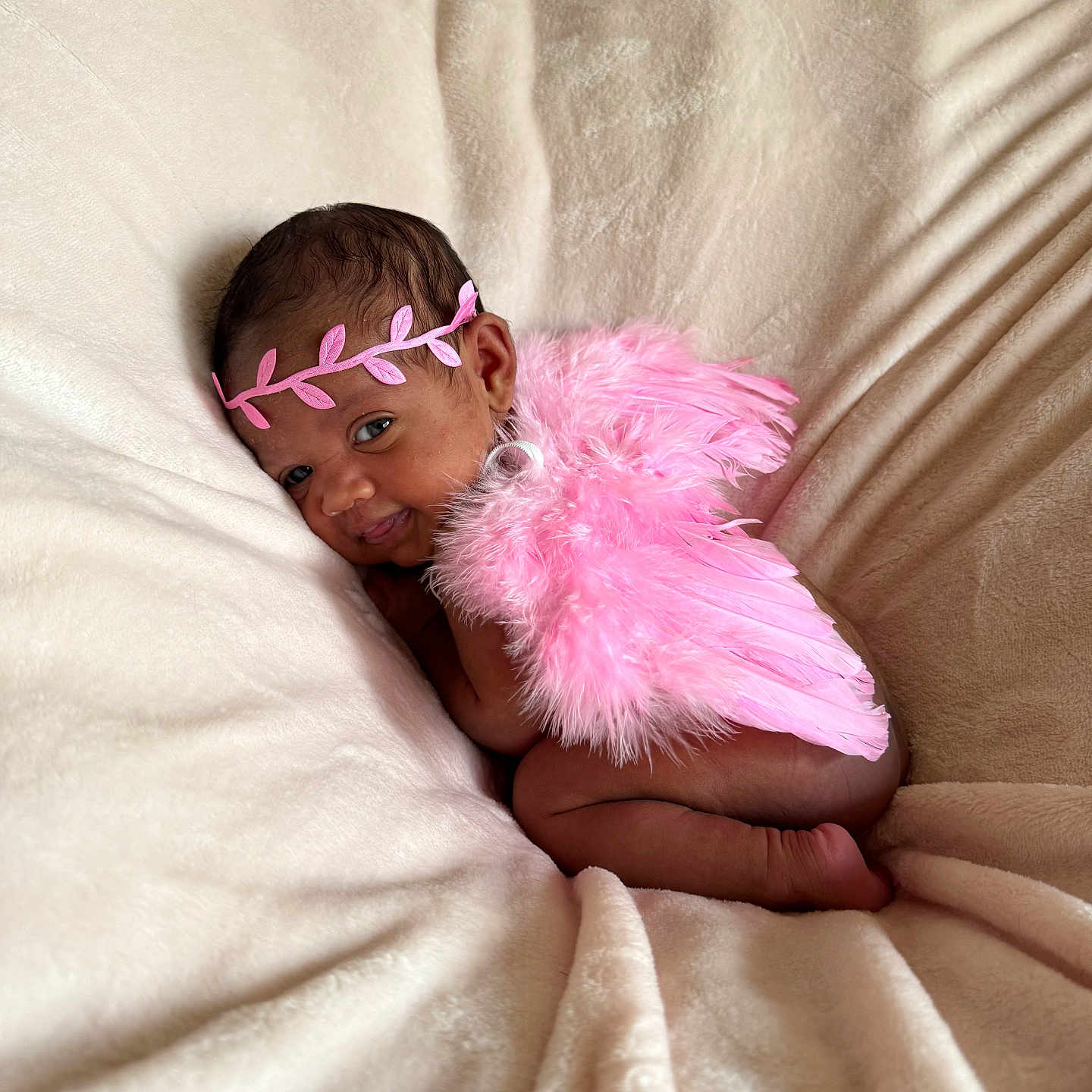 Meilin is registered to the contest to win money with this photo: accessories, baby, blanket, bodypart, couch, face, featherboa, finger, furniture, glasses, hand, happy, head, newborn, person, photography, portrait, purple, sleeping, smile