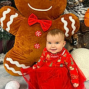 Araya joined the competition — help win amazing prizes! baby, child, tutu, red_clothing, gingerbread_man, plush_toy, holiday, christmas, festive, smile, winter, snow, background, sitting, cute, indoor, toy, red_bow, decorations, happy