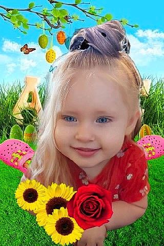 Austyn is registered to the contest to win money with this photo: baby_toddler_clothing, botany, child, facial_expression, flower, flower_arranging, flowering_plant, fun, grass, happy, joy, leaf, people_in_nature, person, petal, plant, sky, smile, summer, toddler