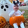 baby, pumpkin, halloween, autumn, leaves, ghost_balloon, jack_o_lantern, headband, bow, white_clothing, outdoor, fall, cute, child, seasonal, holiday, festive, drool, sitting, portrait