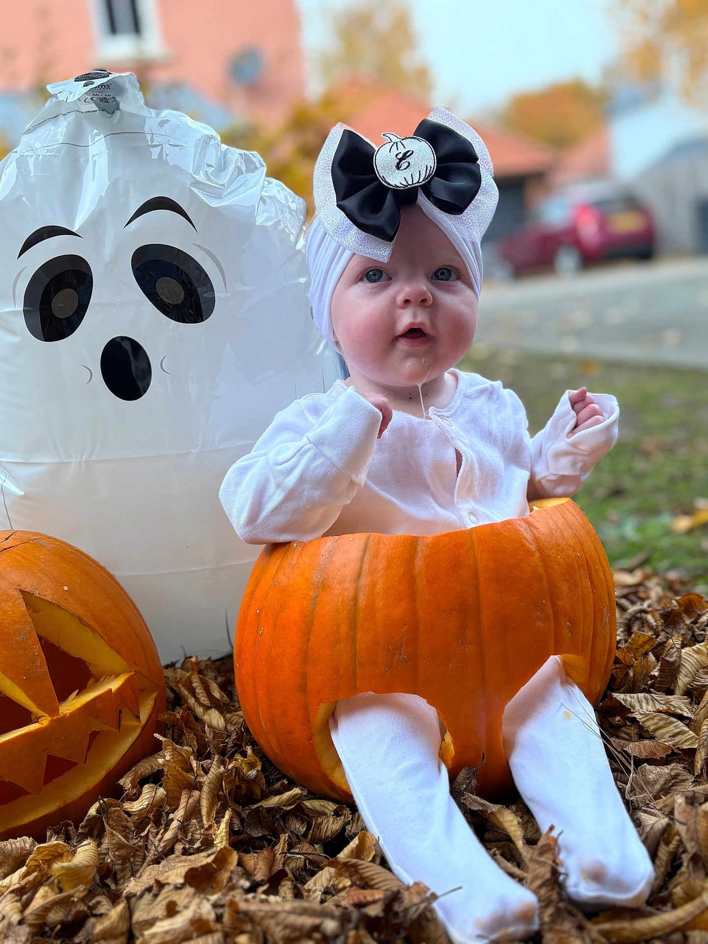 Elsie is registered to the contest to win money with this photo: baby, pumpkin, halloween, autumn, leaves, ghost_balloon, jack_o_lantern, headband, bow, white_clothing, outdoor, fall, cute, child, seasonal, holiday, festive, drool, sitting, portrait