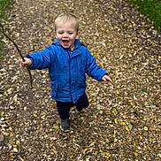 Ruben is registered to the contest to win money with this photo: child, toddler, blue_jacket, stick, forest_path, leaves, walking, happy, outdoor, nature, smiling, person, fall, ground, exploring, small_child, casual_clothing, daylight, adventure, playful