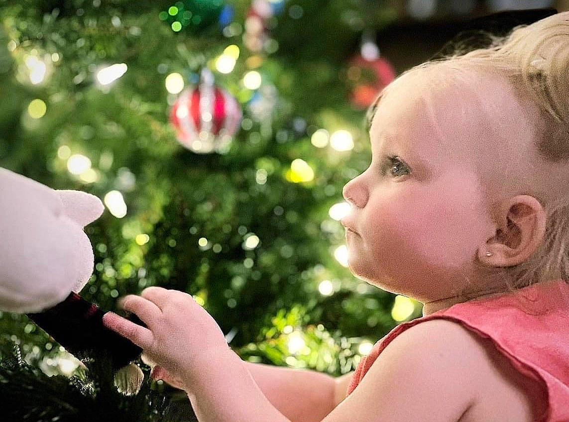 Octavya is registered to the contest to win money with this photo: baby, baby_toddler_clothing, christmas, christmas_decoration, christmas_ornament, christmas_tree, event, evergreen, gesture, grass, happy, holiday, holiday_ornament, human_body, light, ornament, people_in_nature, person, plant, toddler