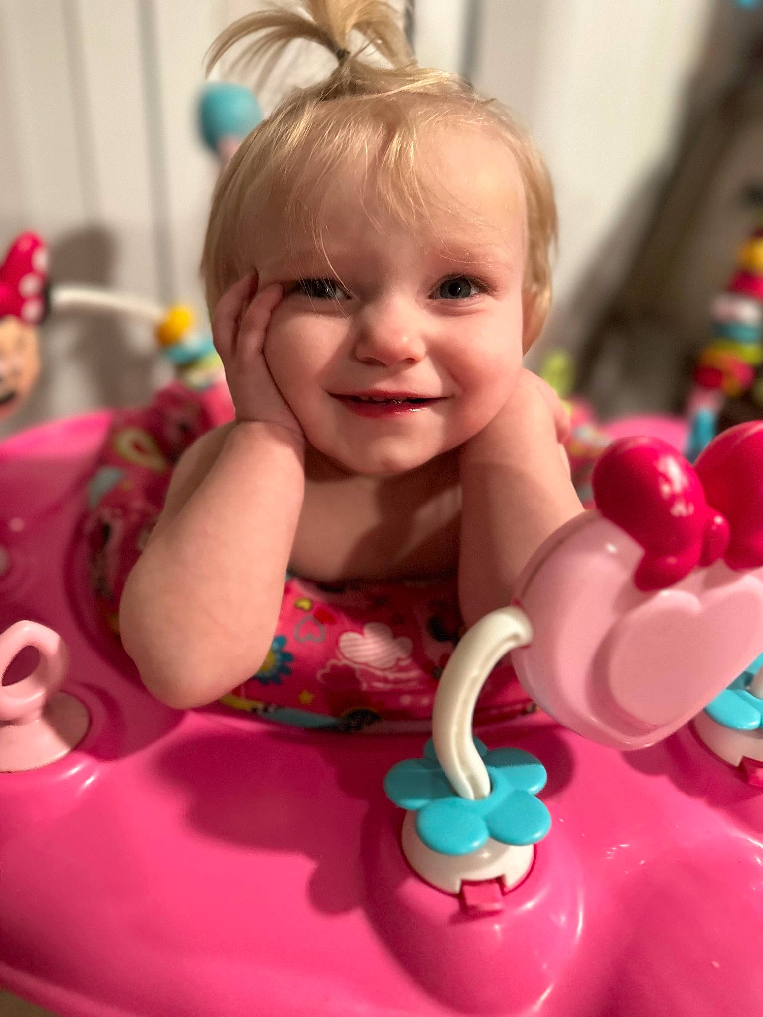Octavya is registered to the contest to win money with this photo: baby, baby_playing_with_toys, baby_products, baby_toddler_clothing, cheek, child, event, facial_expression, fun, happy, head, iris, joy, magenta, party_supply, person, pink, product, skin, smile