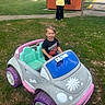 child, toddler, toy_car, grass, outdoor, smiling, person, play, pigtails, greenery, sidewalk, adult, fence, casual_clothing, daylight, happy, park, vehicle, footwear, recreation