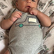 Emilio Ray is registered to the contest to win money with this photo: baby, infant, onesie, gray_clothing, koala_pattern, sheet, lying_down, hand, face, cute, child, indoors, soft_toys, blanket, sleepwear, closeup, person, skin, head, young