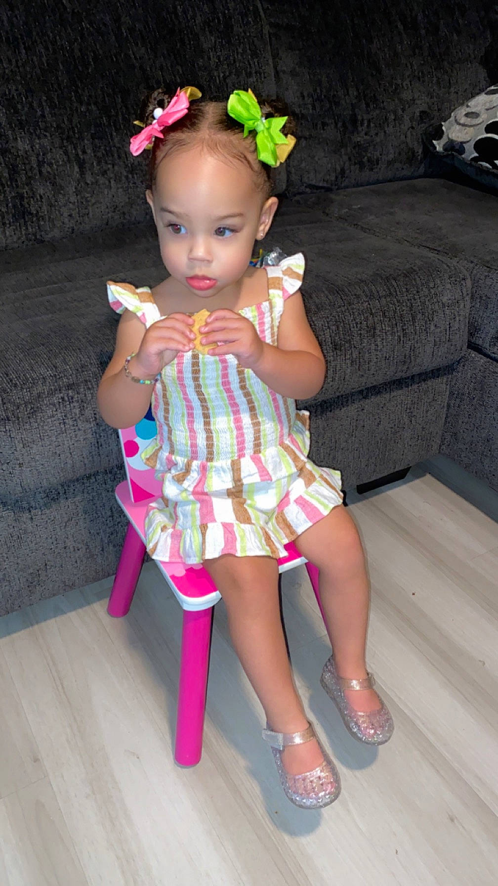 Aubri joined the competition — help win amazing prizes! baby_toddler_clothing, beauty, child, day_dress, dress, fashion_design, hair, hairstyle, head, headgear, human_body, magenta, one_piece_garment, person, pink, skin, sleeve, standing, thigh, toddler