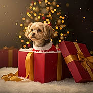 Phoebe joined the competition — help win amazing prizes! blurred_background, celebration, christmas, cozy, cute, decorations, dog, festive, fur, gift_box, gold, holiday, indoor, lights, pet, present, red, ribbon, soft, warm