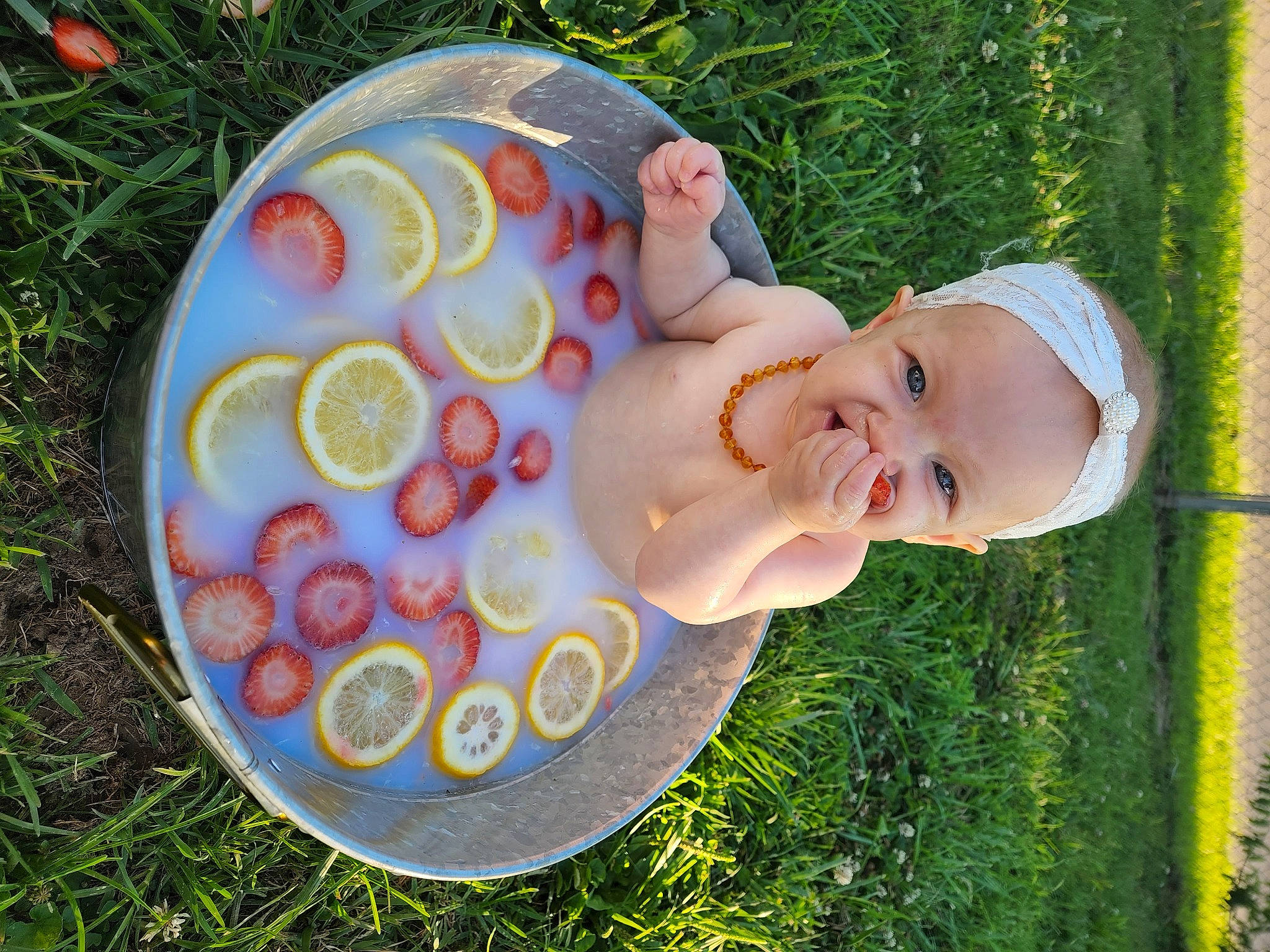 Violet joined the competition — help win amazing prizes! baby, baby_toddler_clothing, child, facial_expression, fruit, fun, grass, grass_family, happy, hat, leaf, leisure, liquid_bubble, pattern, people_in_nature, person, plant, recreation, smile, tableware