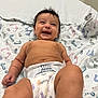 Luca is registered to the contest to win money with this photo: baby, infant, smiling, diaper, lying_down, blanket, footprints, cute, happy, skin, child, young, indoors, person, head, face, expression, healthcare, care, newborn