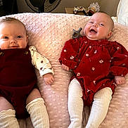 Jojo And Roe joined the competition — help win amazing prizes! baby, infant, smiling, laughing, red_clothing, white_tights, blanket, soft_texture, cute, two_babies, lying_down, indoor, happy, child, pacifier, cozy, adorable, portrait, toddler, sibling