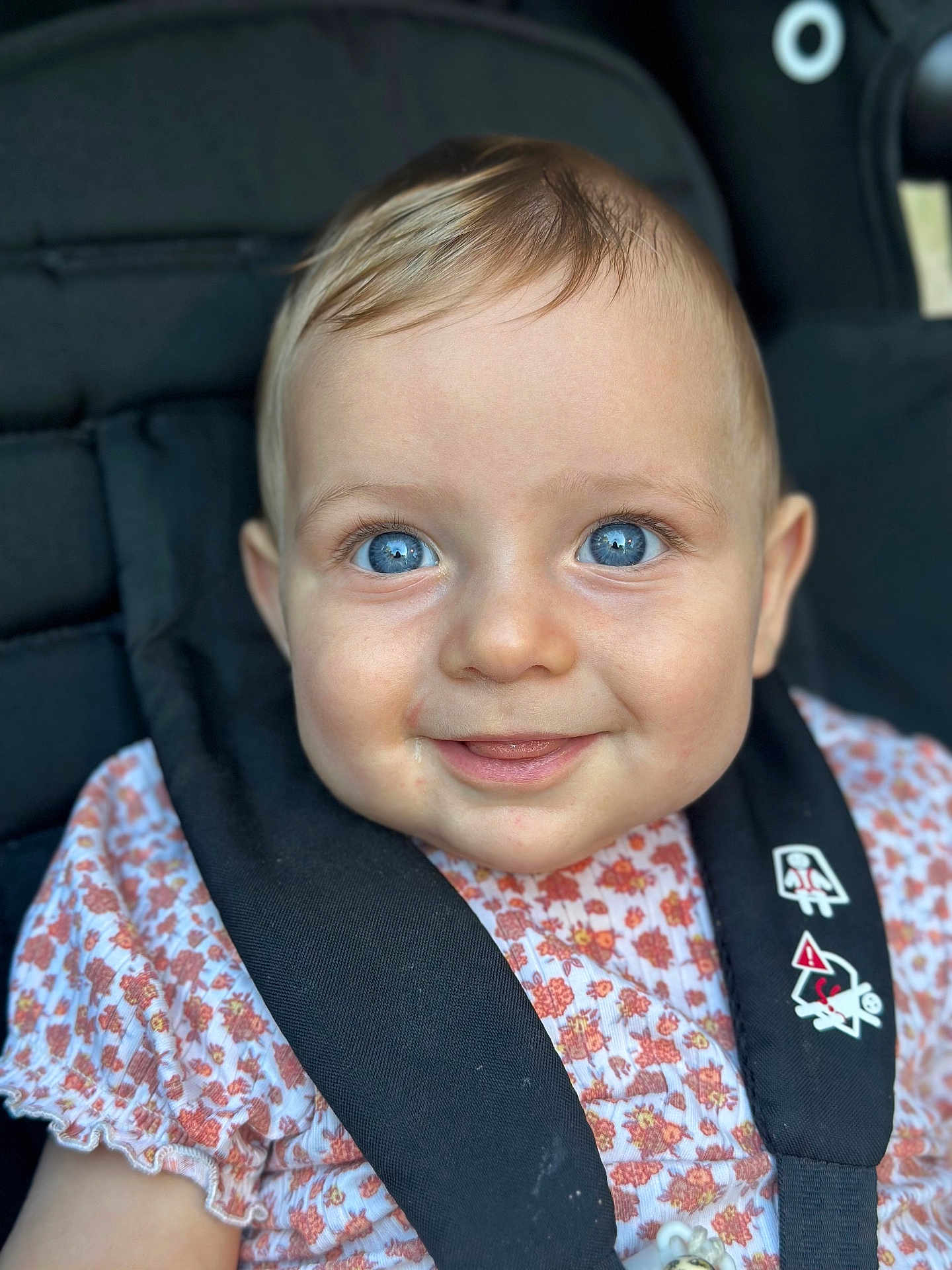 Liv participe au concours pour gagner de l'argent avec cette photo : baby, child, blue_eyes, car_seat, child_safety, harness, smile, face, infant, cute, apparel, patterned_clothing, closeup, person, seatbelt, young_child, skin, hair, happy, portrait