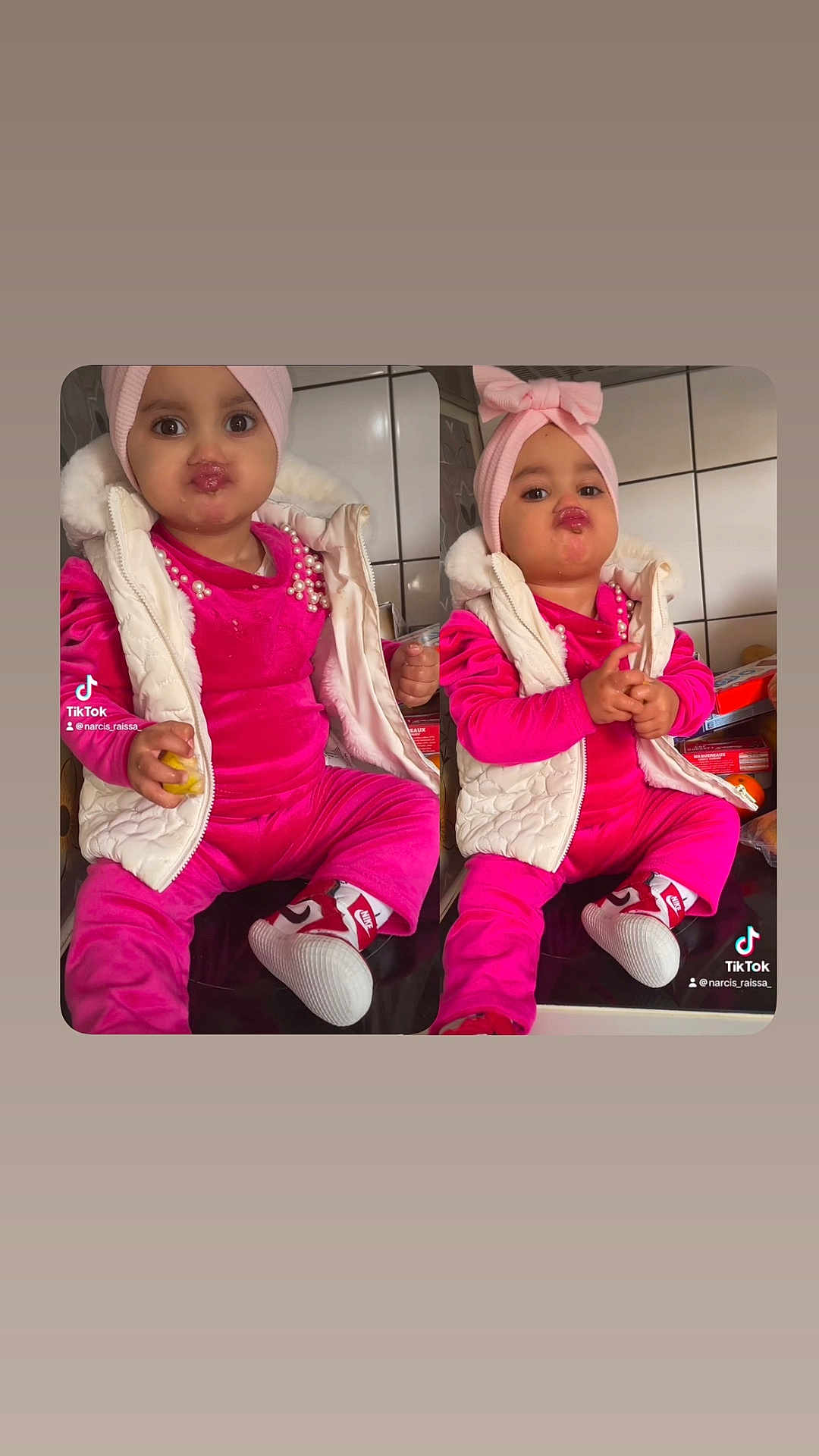 Raissa participe au concours pour gagner de l'argent avec cette photo : baby, child, pink_clothing, white_vest, headband, bow, pouting, kitchen, counter, sitting, footwear, sneakers, person, indoors, tile_wall, expression, cute, playful, two_images, composite_photo